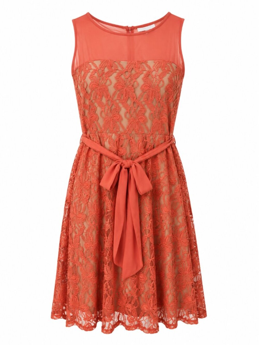 J Taylor Coral Lace Midi Dress Belted Sleeveless Size 16